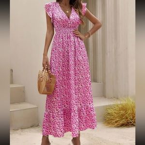 Plunge Neck Ruffle Hem Floral Print Dress